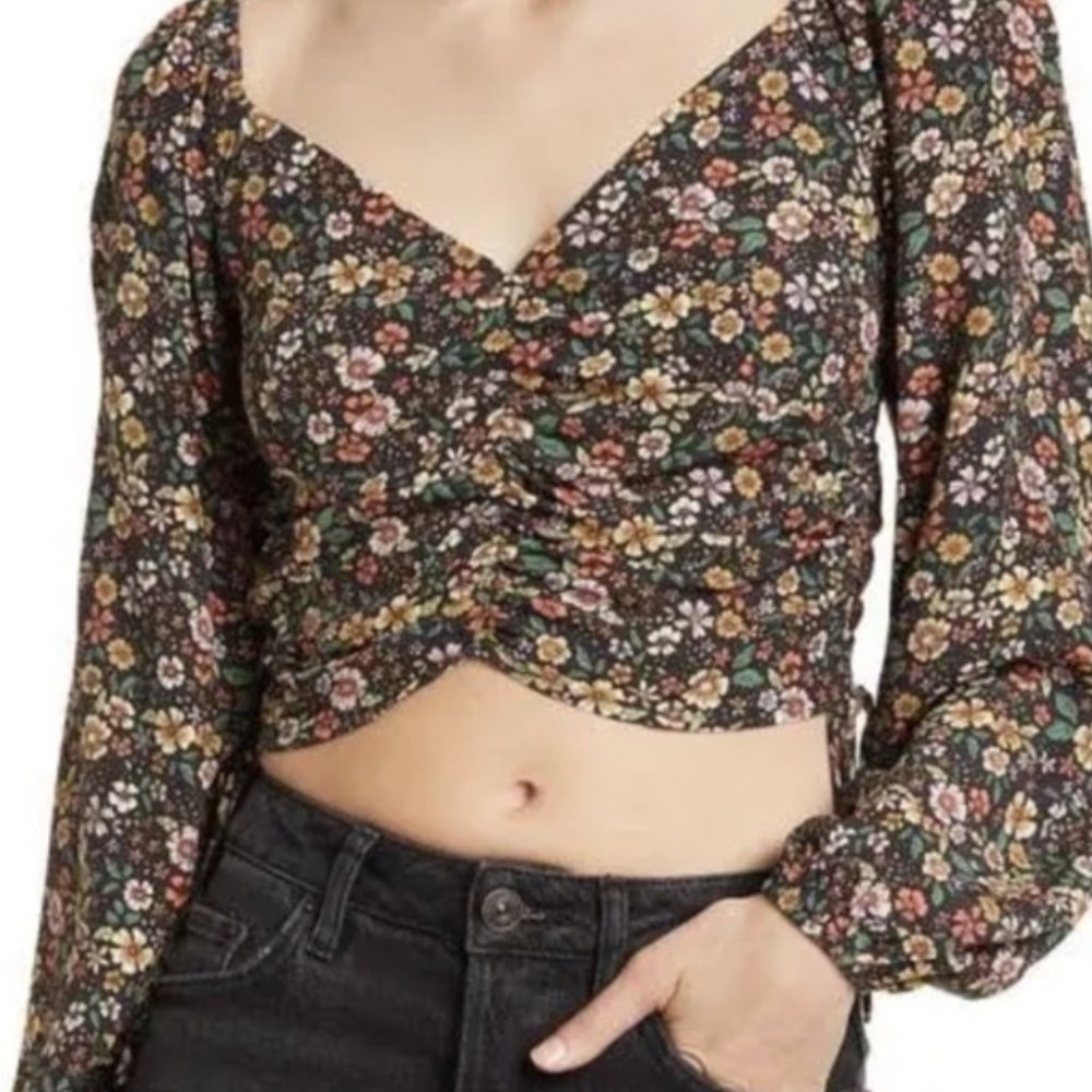 Elodie Womens Crop Top Black Floral Long Sleeve V Neck Drawstring Boho S NWT